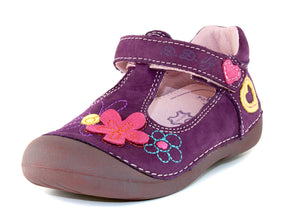 D.D. Step Toddler Single Strap Girl Sandals/Dress Shoes Dark Purple With Flowers - Supportive Leather From Europe Kids Orthopedic - shoekid.ca