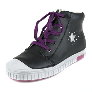 D.D. Step Big Kid Girl High-Top Shoes Black With Silver Star Decor - Supportive Leather From Europe Kids Orthopedic - shoekid.ca