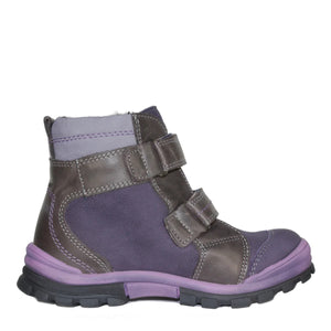 Szamos Kid Girl Boots Purple With Grey Velcro Straps And Purple Flowers - Made In Europe - shoekid.ca