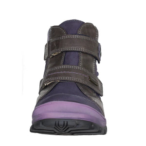 Szamos Kid Girl Boots Purple With Grey Velcro Straps And Purple Flowers - Made In Europe - shoekid.ca