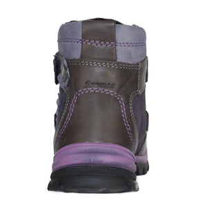 Szamos Kid Girl Boots Purple With Grey Velcro Straps And Purple Flowers - Made In Europe - shoekid.ca