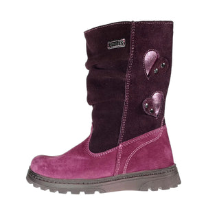 Szamos Kid Girl Winter Boots Burgundy And Mauve With Hearts And Side Zipper - Made In Europe - shoekid.ca