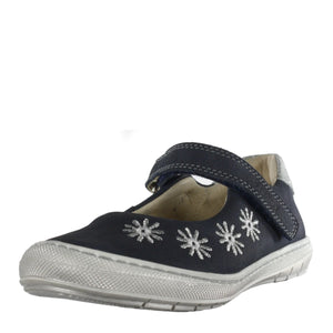 Szamos Kid Girl Dress Shoes In Denim Blue Color And White Flowers With Velcro Strap - Made In Europe - shoekid.ca