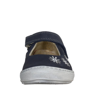 Szamos Kid Girl Dress Shoes In Denim Blue Color And White Flowers With Velcro Strap - Made In Europe - shoekid.ca