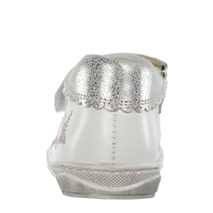 Szamos Kid Girl Dress Shoes In White With Silver Glitter And Butterflies And Velcro Strap - Made In Europe - shoekid.ca