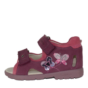 Szamos Kid Girl Supinated Sandals In Dark Pink Color And Butterfly Pattern With Double Velcro Strap - Made In Europe - shoekid.ca