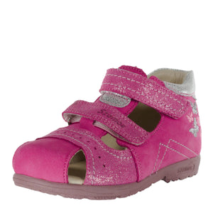 Szamos kid girl sandals in pink color and butterfly pattern with double velcro strap toddler/little kid size - TinyShoes