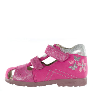 Szamos kid girl sandals in pink color and butterfly pattern with double velcro strap toddler/little kid size - TinyShoes