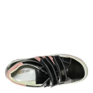 Szamos kid girl sneakers in black color with pink stripes and double velcro strap big kid size - TinyShoes