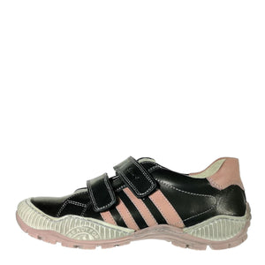 Premium quality sneakers made from 100% genuine leather lining and upper, black color with pink stripes and double velcro strap. This Szamos Kids product meets the highest expectations of healthy and comfortable kids shoes. The exceptional comfort these shoes provide assure the well-being and happiness of your child.