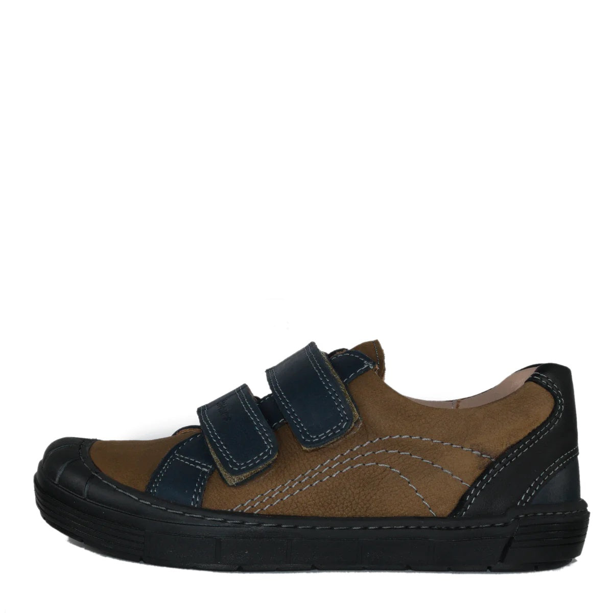 Szamos Kid Boy Sneakers In Dark Brown Color With Navy Blue Detail And Double Velcro Strap - Made In Europe - shoekid.ca