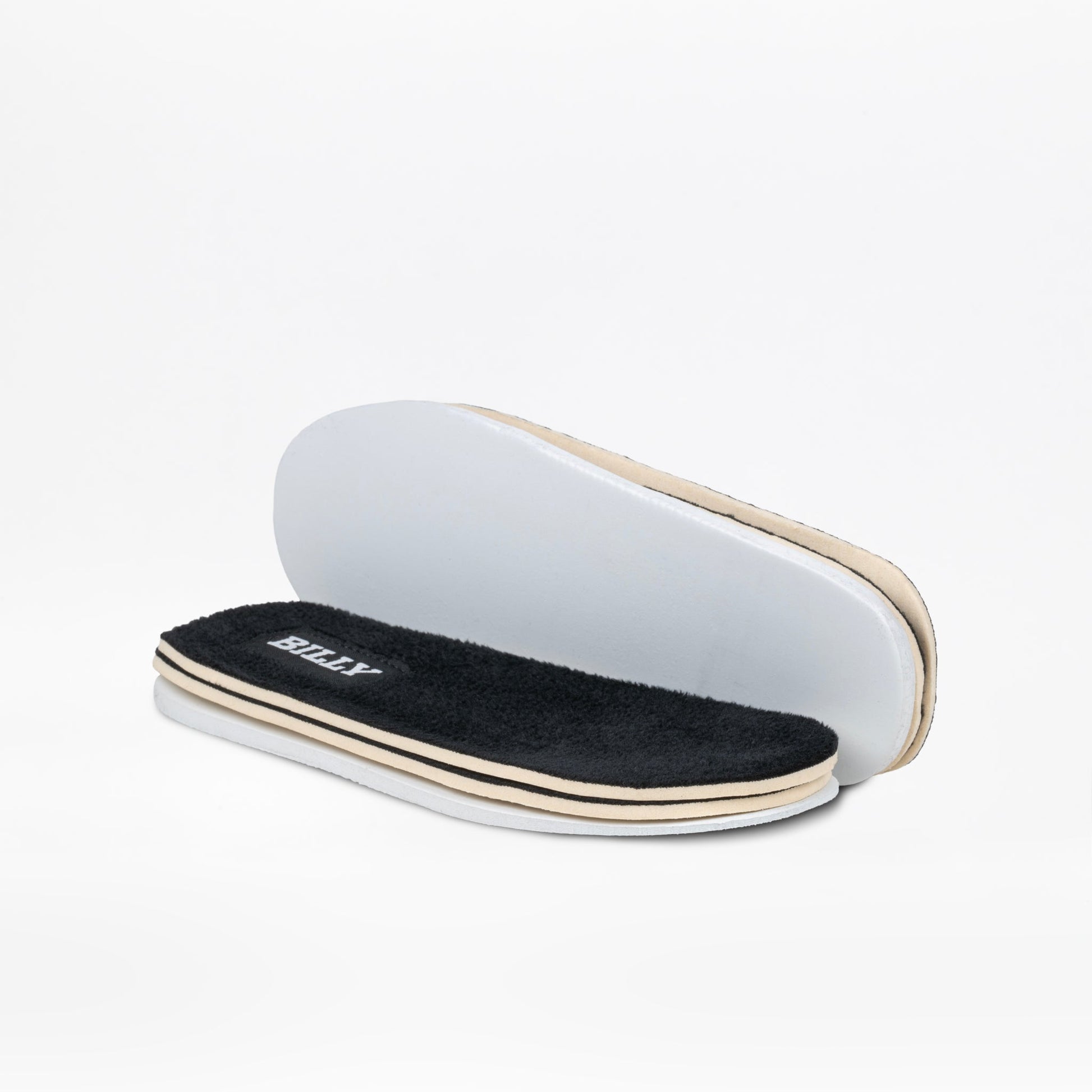 White shoe insole with black lining on a white background
