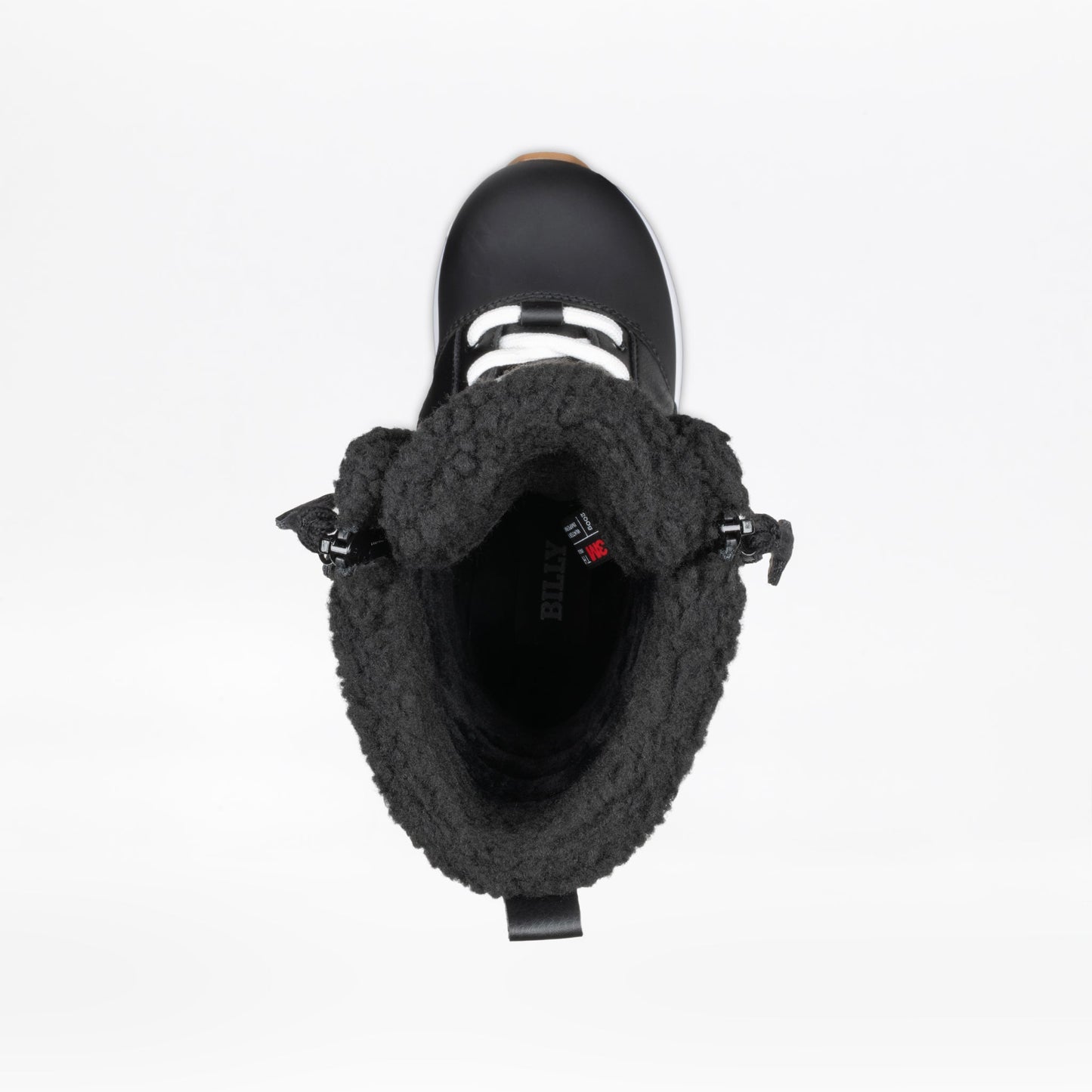 Black winter boot with fuzzy lining on a white background