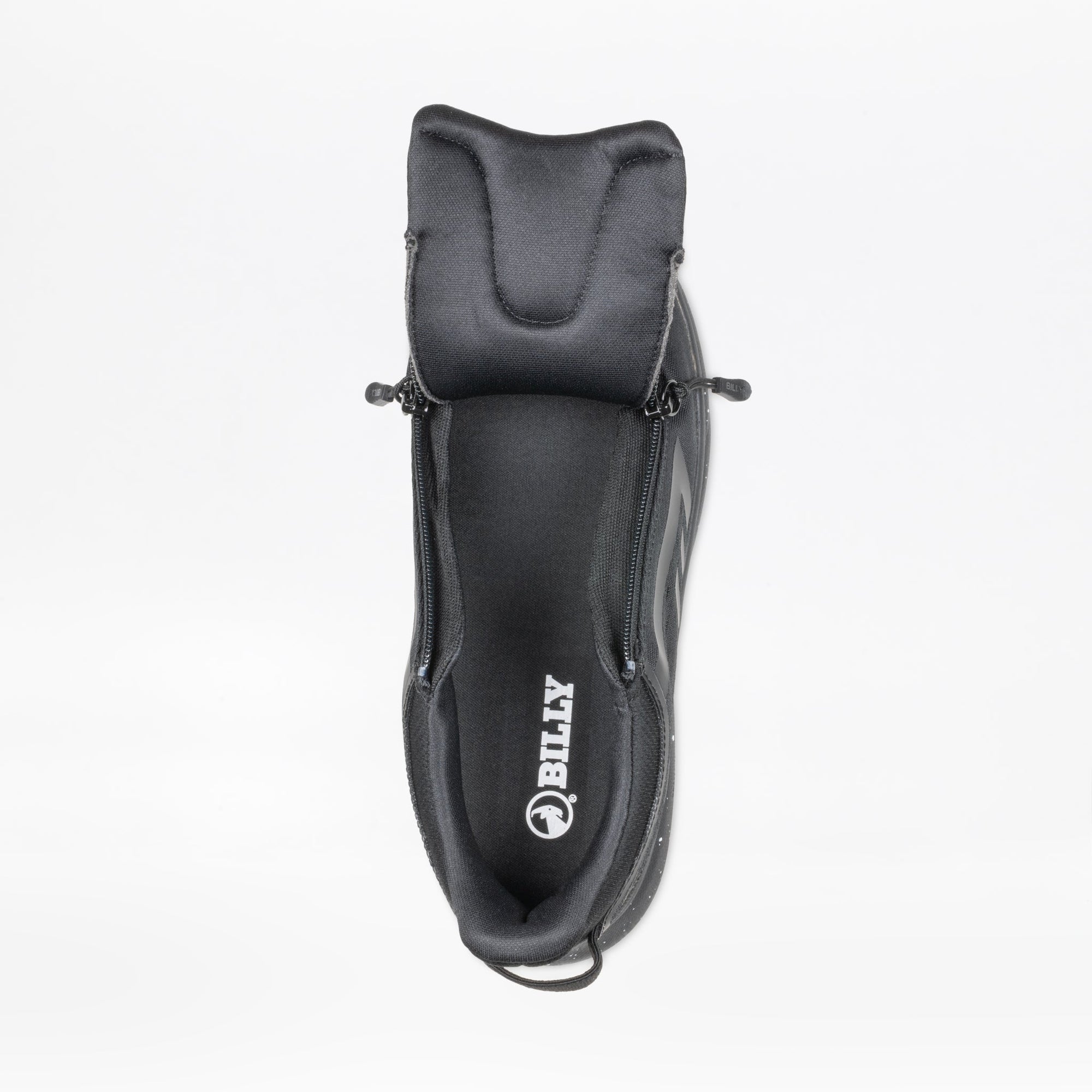 Black BILLY Sport Inclusion DZ1 adaptive sneakers top view showing padded collar and side zipper, ideal for diabetic feet and arthritis