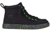 Black and green speckled high top kids shoe with laces and zipper for easy on and off.