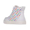 Billy Classic Rainbow Polka Kids High Top Sneaker with zipper and laces, easy on and off shoes for toddlers and big kids.