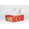 Billy Classic Rainbow Polka Kids High Top Sneaker with zipper, laces for easy on and off. Functional, fashionable shoes on a box.