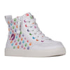 Billy Classic Rainbow Polka Kids High Top Sneaker with laces and side zipper for easy on and off, colorful and functional footwear.