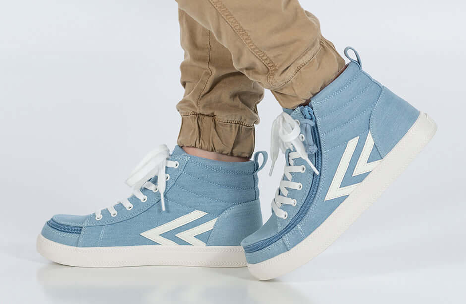Denim/White BILLY CS 1.0 Sneaker High Tops for kids, featuring laces and wraparound zipper for easy on/off. Stylish and functional.