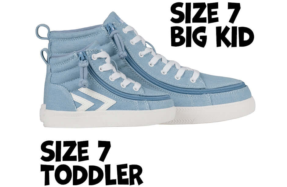 Billy CS 1.0 Denim/White Sneaker High Tops, size 7 for toddlers and big kids, with laces and zipper for easy on and off.