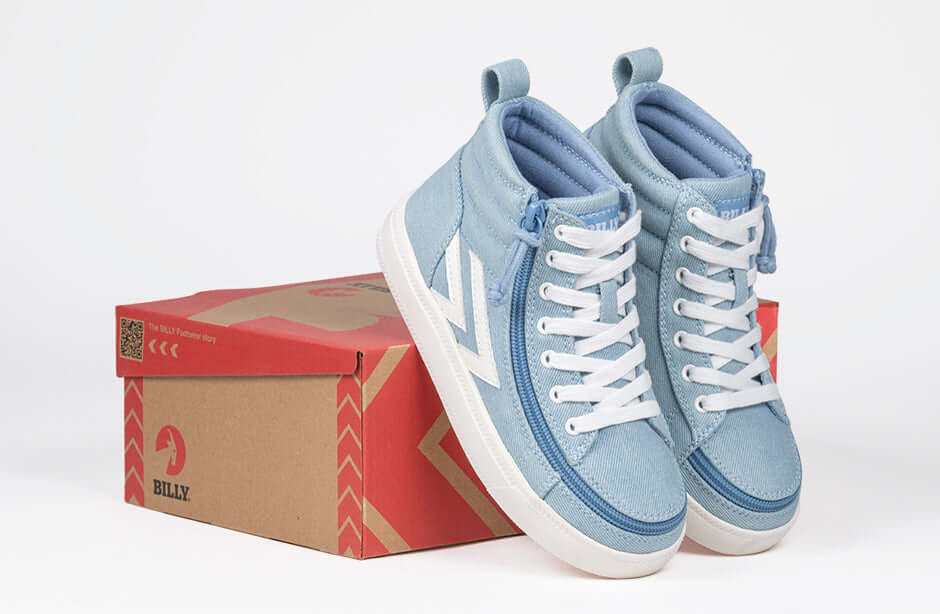 Denim/White BILLY CS 1.0 Sneaker High Tops with box, kids shoes with laces and zipper; easy on and off for toddlers and big kids.