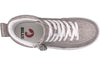 Top view of grey Billy Classic Lace Highs shoe with white laces and zipper, showcasing easy on and off design for toddlers and big kids.