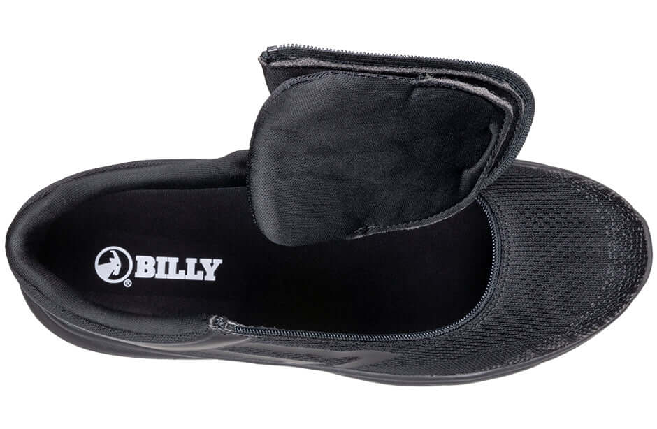Black BILLY Sport Inclusion men's adaptive sport sneakers easy on with side zipper open showing padded interior, ideal for orthopedic needs
