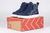 Navy Space BILLY Classic Lace High Tops for kids with zipper and laces, easy on/off, on a shoe box. Functional and fashionable shoes.