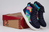 Billy Navy Tie Dye BILLY Street High Tops with laces and zipper, easy on and off, kids shoes, colorful tie-dye design, on shoebox.