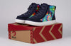 Navy tie-dye Billy high top shoes with zipper and laces for kids, featured on a shoebox; easy on and off design.