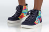 Billy Navy Tie Dye Street High Tops with zipper for easy on and off, kids shoes with navy tie-dye and lace details, functional fashion.