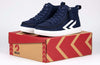 Navy/White BILLY CS 1.0 Sneaker High Tops on box, kids shoes with laces and zipper, easy on/off, functional and fashionable design