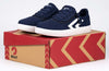 Billy Navy/White BILLY CS 1.0 Sneaker Low Tops on box, kids shoes with laces and zipper, easy on and off for toddlers and big kids.