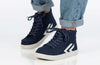 Navy/White BILLY CS 1.0 Sneaker High Tops with laces and zipper, easy on/off for toddlers and big kids, worn with jeans.