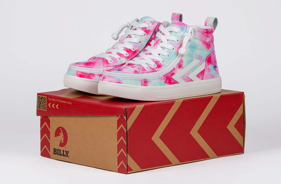 Billy Pink Watercolor High Top Sneakers with laces and zipper for easy on and off, kids' shoes on display box.