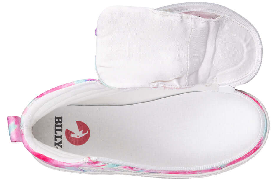 Top view of Billy Pink Watercolor BILLY CS Sneaker High Tops with zipper open, showing easy access and fashion-forward design for kids.