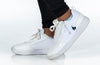 Child wearing Billy White/Navy BILLY Sport Court Athletic Sneakers with laces and zipper, easy on and off for toddlers and big kids.