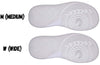 M and W width options for white/navy BILLY Sport Court sneakers, showing shoe soles with tread pattern, suitable for kids.