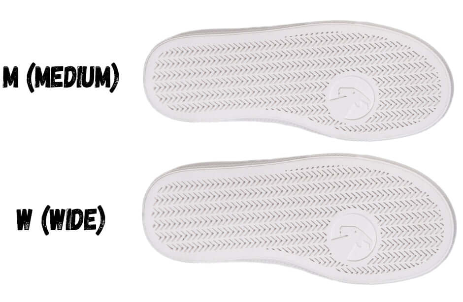 Outsole comparison of medium and wide sizes for BILLY CS 1.0 Sneaker, highlighting grip pattern and design details.
