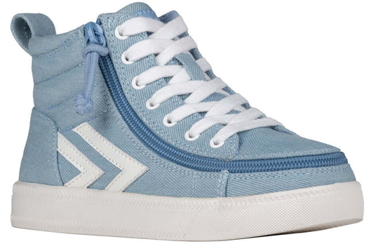 "Billy Denim/White BILLY CS 1.0 Sneaker High Tops for kids with easy on/off laces and zipper, functional and fashionable design."