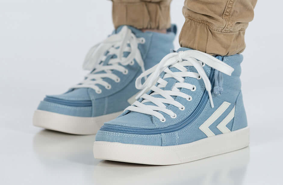 Billy Denim/White CS 1.0 High Top Sneakers with laces and zipper for toddlers and kids, easy on and off, functional and fashionable design.