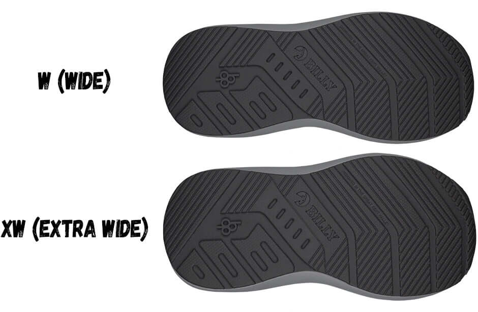 Comparison of BILLY Goat shoe soles: wide width (top) and extra wide width (bottom) for optimal support and comfort.