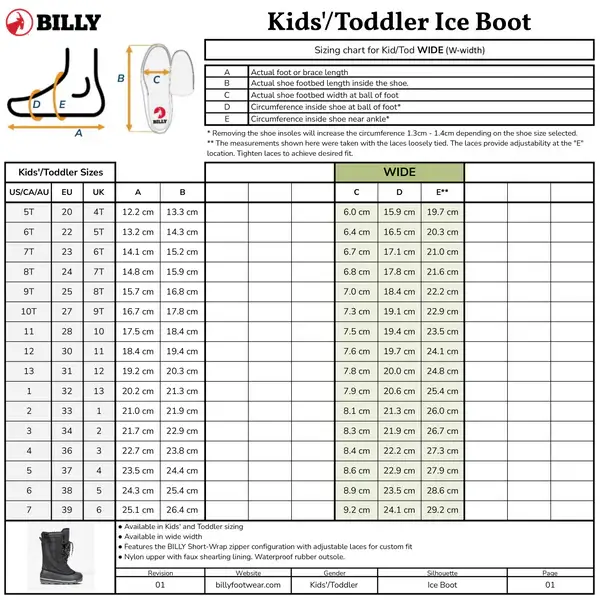 BILLY ICE Winter Boots for Kids - AFO Friendly size chart and fitting guide for optimal comfort.
