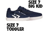 Navy/White Billy CS 1.0 Sneaker Low Tops with laces and zipper, easy on and off for toddlers and big kids, size 7.