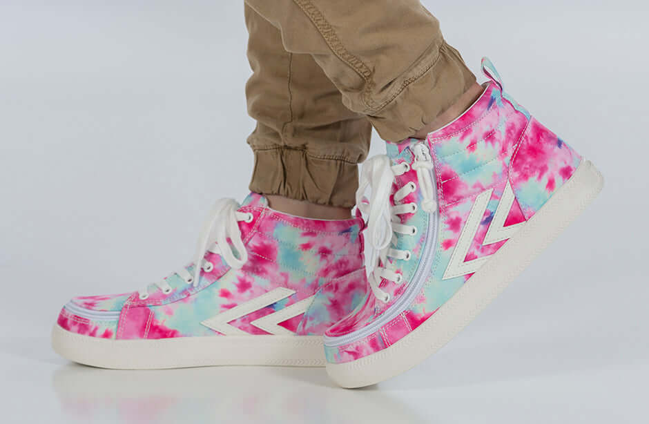Kid wearing Billy Pink Watercolor BILLY CS 1.0 Sneaker High Tops with laces and zipper for easy on and off, functional and fashionable.