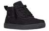Black high top kids&#39; shoe with laces and zipper, easy on and off for toddlers and big kids, functional and fashionable design.
