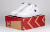 White/Navy BILLY Sport Court Sneakers with laces and zipper, easy on/off for toddlers and big kids, on a red and brown box.