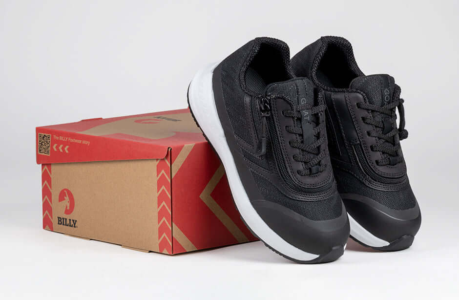 Black BILLY Goat AFO-ready orthopedic shoes with zipper for easy entry, suitable for ankle support and extra wide widths.