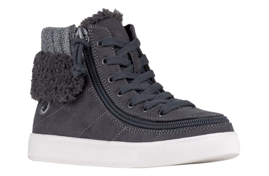 Charcoal Grey BILLY Cuffs, flannel and faux suede kids high-top shoe with easy zipper and laces, fur collar, comfortable and stylish
