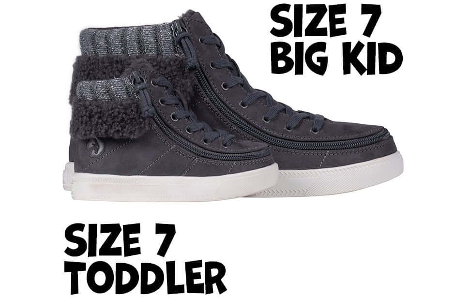 Charcoal Grey BILLY Cuffs in toddler and big kid sizes, easy on and off sneakers with functional laces and zipper, stylish and comfy.